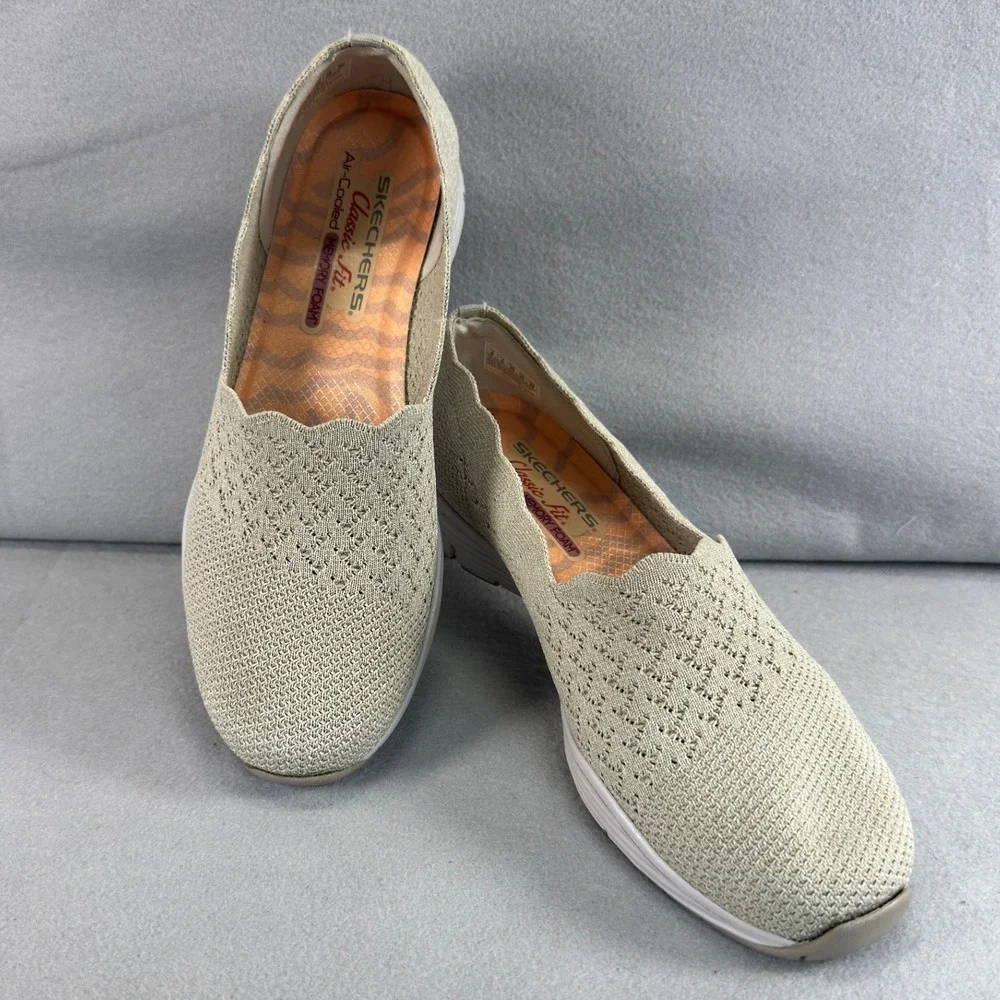 Skechers Seager Stat Classic Fit Women 9 Taupe Knit Memory Foam Slip On Loafers